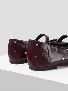 MOTF PREMIUM FASHION RIVETS CLASSIC VERSATILE SUITABLE FOR COMMUTING HOLIDAY LOW VAMP FLAT SHOES, MARY JANE, FLAT BOTTOM LOW VAMP - Burgundy - View 5