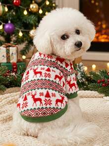 PETSIN 1 Pet Christmas Cat Dog Universal Red And Green Elk Snowflake Geometric Fer Island Pattern Print Plush Warm And Comfortable Dog Christmas - Multicolor - View 3