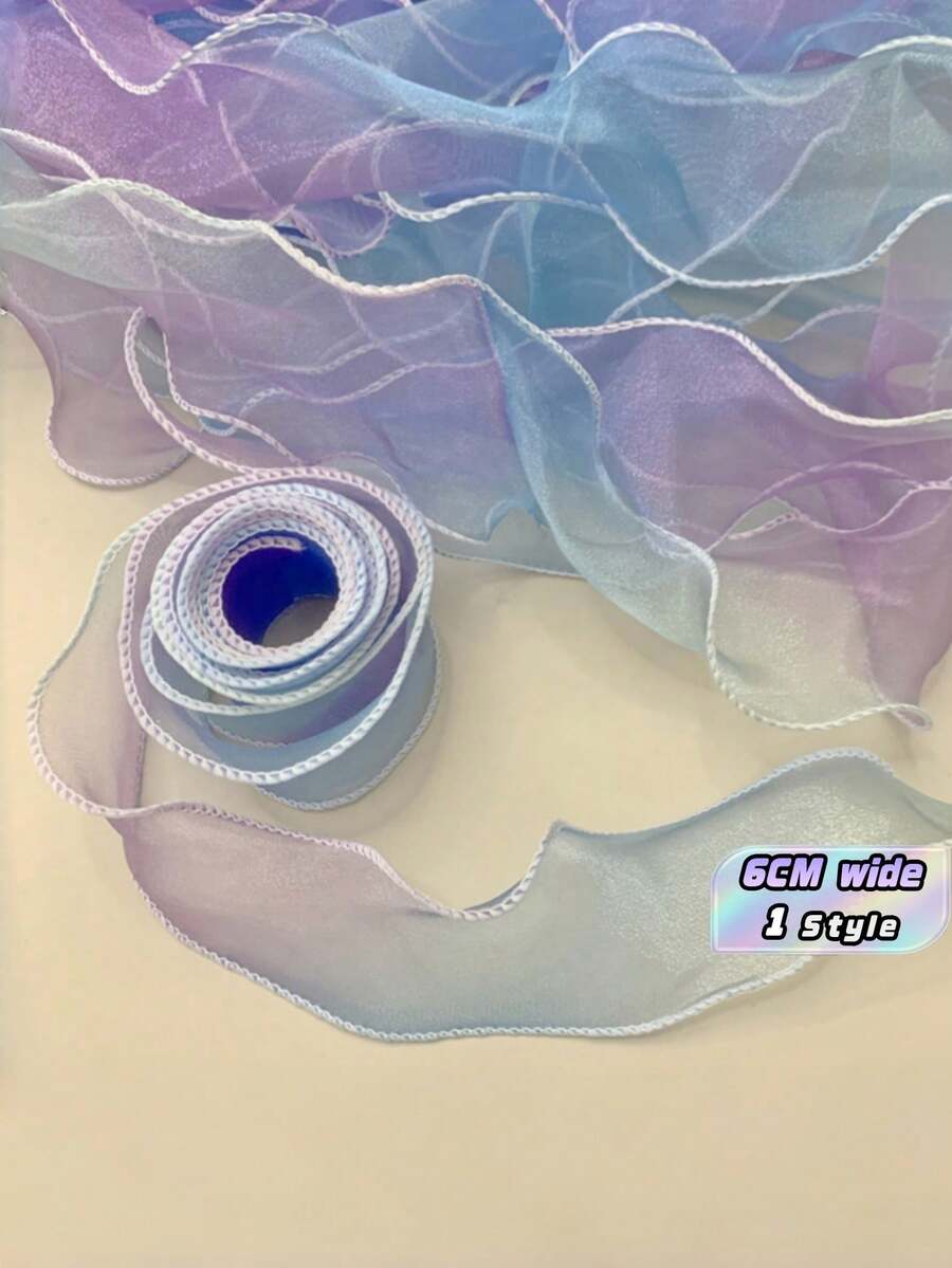 1Pc - 10 Yards Iridescent Gradient Color Chiffon Ribbon For Gift Wrapping, With Wavy Edges, Bow Knot And Tassel Trims,Christmas - Gradient blue and white edges - View 1