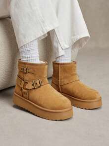 Solecia New Fashion Vintage Metal Buckle Thick Sole Brown Snow Boots With Thermal Lining And Thick Fur Ankle Boots Platform Sole Warm Winter Women's Boots - Camel - View 7