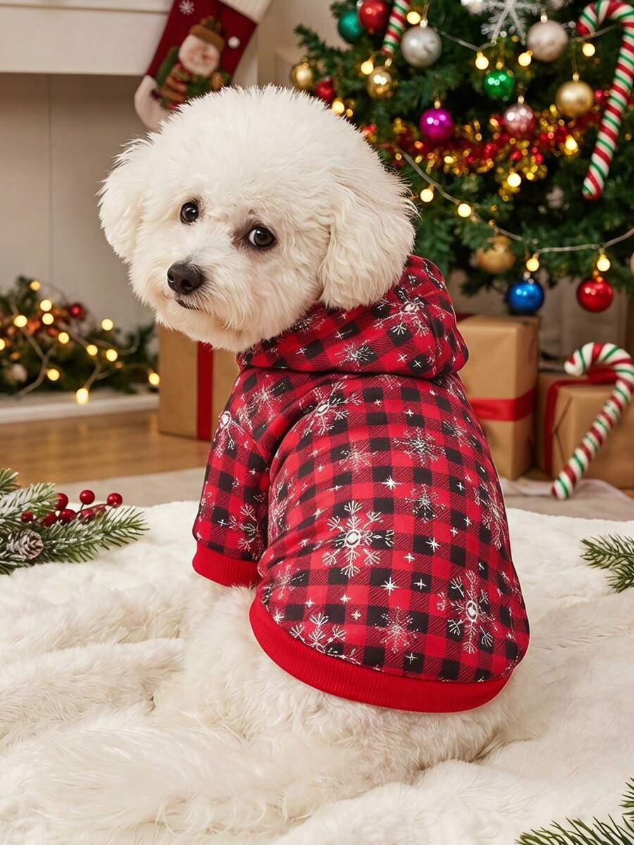 PETSIN 1pc Christmas New Pet Striped Plaid Snowflake Print Hooded Sweatshirt - Multicolor - View 1