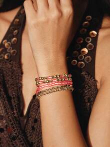 Glisma Pink Crystal Bead Beaded Bracelet Set, Multi-Piece Stacked Elastic Bracelet, Sweet Girl Style Daily Accessories - Pink - View 1