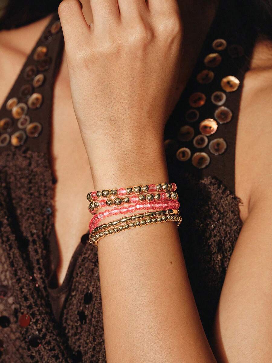 Glisma Pink Crystal Bead Beaded Bracelet Set, Multi-Piece Stacked Elastic Bracelet, Sweet Girl Style Daily Accessories - Pink - View 1