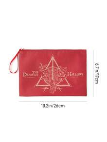 HARRY POTTER X SHEIN 酒紅色復古三角圖騰拉鍊收納包，附腕帶，可收納化妝品、數位線材，多用途攜行袋，適合學校、通勤與旅行 - 卡其紅 - 查看 7