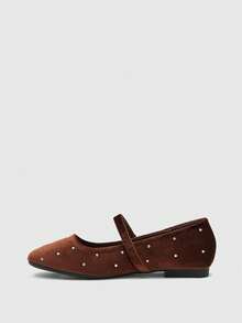CUCCOO BIZCHIC Women's Dark Brown Soft Waxy Velvet Mary Jane Flats, The Founder Shoe Body Is Scattered With Small Rhinestones, With The Same Velvet Thin Strap And Fu - Coffee - View 4