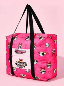 THE POWERPUFF GIRLS X SHEIN Hot Pink Heart Cartoon Foldable Travel Tote Bag, Large Capacity With Front Zip Pocket, Collapsible Design For Weekend Trips, Gym And Daily Storage - Rose pink - View 3