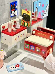 1PC Cream Color Cartoon Wall Mounted No Drill Tissue Box Holder Facial Towel Storage Rack Multipurpose Organizer For Bathroom Toilet Washroom Home Decor Space Saving - Multicolor - View 2