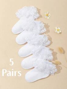 SHEIN 5雙裝嬰兒蕾絲襪，適合中大童，公主風蕾絲襪 - 白色 - 查看 7