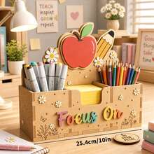 1pc 25.4cm Wooden Desk Organizer With Apple Pencil Rainbow Pattern Multi Compartment Pen Holder For Teacher Office Classroom Decor All Seasons. - Multicolor - View 1