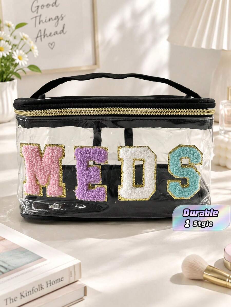Clear PVC Cosmetic Pouch With Embroidered Letter Detail, Portable Travel Toiletry Storage Bag For Daily Organizing - Multicolor - View 1