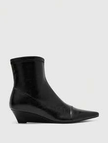 CUCCOO BIZCHIC Women's Shoes Simple Splicing Pointed Wedge Heel Black Soft Leather Elastic Ankle Boots Commuting Versatile And Thin Fashion Boots Fall Boots - Black - View 2