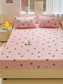 Cirelle 1pc Pink Plaid Bow Fitted Sheet, Soft Microfiber Bed Sheet With All-Around Elastic Deep Pocket, Cute Coquette Gingham Bedding Sheet - Multicolor - View 3