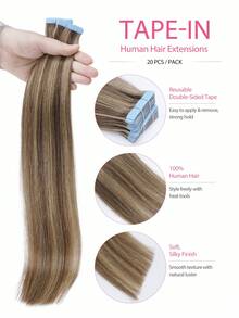 20pcs 50g Tape In Hair Extension, 100% Real Remy Human Hair Extension For Salon Silky Seamless Invisible Skin Weft Tape Ins,  For Thinning Hair Woman Natural Look  Can Be Reused ,For Fine Or Thin Hair ,Add Volume Halloween Costumes,Highlight 6P27# - S6/27 - View 3