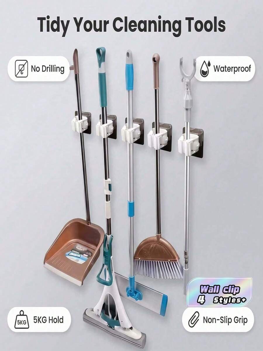 8/4/2/1pc Multi‑Purpose Mop & Broom Holder, Wall Mounted Broom Gripper, Self‑Adhesive Removable Waterproof Non‑Slip Hook, For Storage And Organization In Bathroom, Kitchen, Garden And Garage, Essential Home Supply - White - View 1