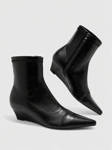 CUCCOO BIZCHIC Women's Shoes Simple Splicing Pointed Wedge Heel Black Soft Leather Elastic Ankle Boots Commuting Versatile And Thin Fashion Boots Fall Boots - Black - View 3