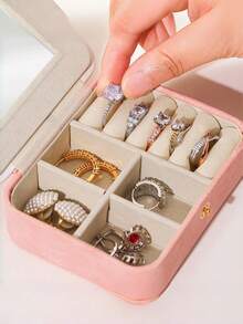 Portable Jewelry Box PU Leather Velvet Lining With Mirror Button Closure Earring Stud Ring Necklace Organizer Exquisite Compact Travel Case Thanksgiving Gift For Women Girls Home Dresser Trip - a - View 3
