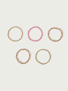 Glisma Pink Crystal Bead Beaded Bracelet Set, Multi-Piece Stacked Elastic Bracelet, Sweet Girl Style Daily Accessories - Pink - View 4