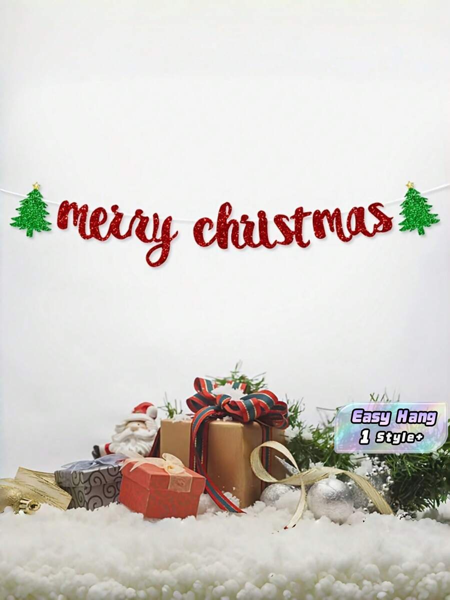 1pc Merry Christmas Party Banner Santa Tree Bunting Hanging Flag For Festival Background Decor Must Have Accessory - multicolor - View 1
