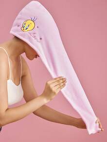 LOONEY TUNES X SHEIN 1 Piece Cartoon Embroidered Water-Absorbing Quick-Drying Hair Cap, Suitable For Different Hair Volumes, Household Bathroom Decoration - Pink - View 3
