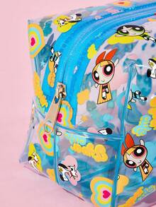THE POWERPUFF GIRLS X SHEIN 透明 PVC 化妝包，附印花防水拉鍊，多功能旅行盥洗包與化妝收納袋，適合日常洗漱用品、文具及小雜物收納 - 藍色 - 查看 5