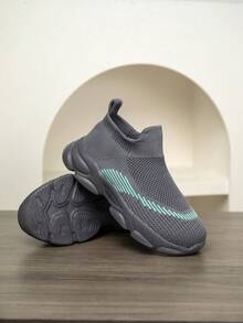 1 Pair Kids Knit Sneakers, Breathable Mesh Running Shoes, Convenient Slip-On, Lightweight, Fashionable Casual Wear For Students - Medium gray green - View 7