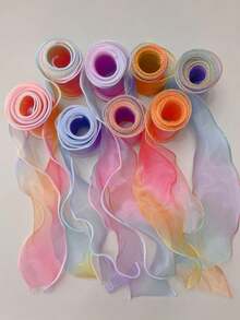 1Pc - 10 Yards Iridescent Gradient Color Chiffon Ribbon For Gift Wrapping, With Wavy Edges, Bow Knot And Tassel Trims,Christmas - Gradient Yellow Blue Phnom Penh - View 4
