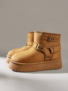 Solecia New Fashion Vintage Metal Buckle Thick Sole Brown Snow Boots With Thermal Lining And Thick Fur Ankle Boots Platform Sole Warm Winter Women's Boots - Camel - View 4