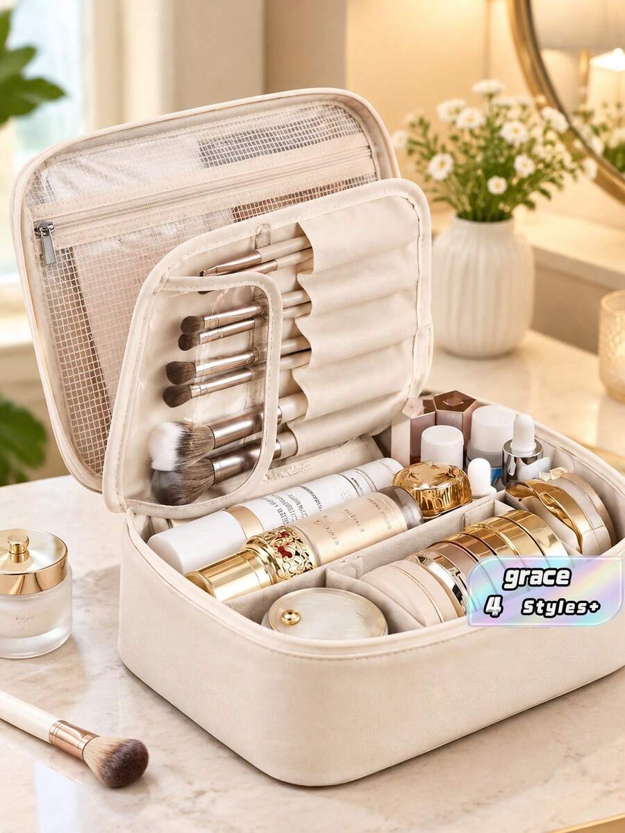 Multi-Layer Large Capacity Removable Makeup Bag, Faux Leather Travel Cosmetic Storage Box With Brush Holder, Portable Cosmetics Organizer For Beauty Essentials, Travel Vanity Case - Multicolor - View 1