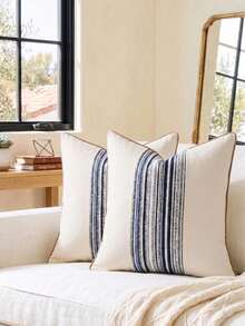 Cirelle 1pc/2pcs All-Season Middle Vertical Striped Patchwork Throw Pillow Covers, Square Cushion Cases With Piped Edge Design, Neutral Rustic Farmhouse Boho Home Decor For Sofas,Bedrooms,Bay Windows,Homestays&Influencer Apartments,Pillow Insert Not Included - Blue - View 12