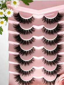 7 Pairs Natural D‑Curl False Eyelashes, Cross‑Style Lashes With Elongated Outer‑Corner, Clear Band - Black - View 5