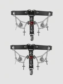MortiRose 2pcs Heart & Cross Double Chain Garter Clips, Punk Dark Gothic Style, Daily Versatile Halloween Costume Accessories - Love Cross - View 1