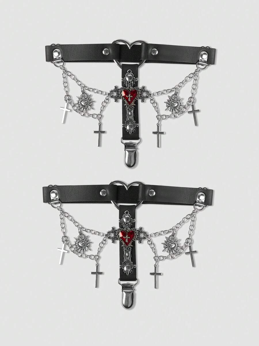 MortiRose 2pcs Heart & Cross Double Chain Garter Clips, Punk Dark Gothic Style, Daily Versatile Halloween Costume Accessories - Love Cross - View 1