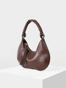 MOTF WOMEN'S FASHION BURGUNDY HANDBAG, EXQUISITE TASSEL, SIMPLE ROUND BAG, CROSSBODY, FOR DAILY, SHOPPING, COMMUTING, TRAVEL - Coffee - View 2