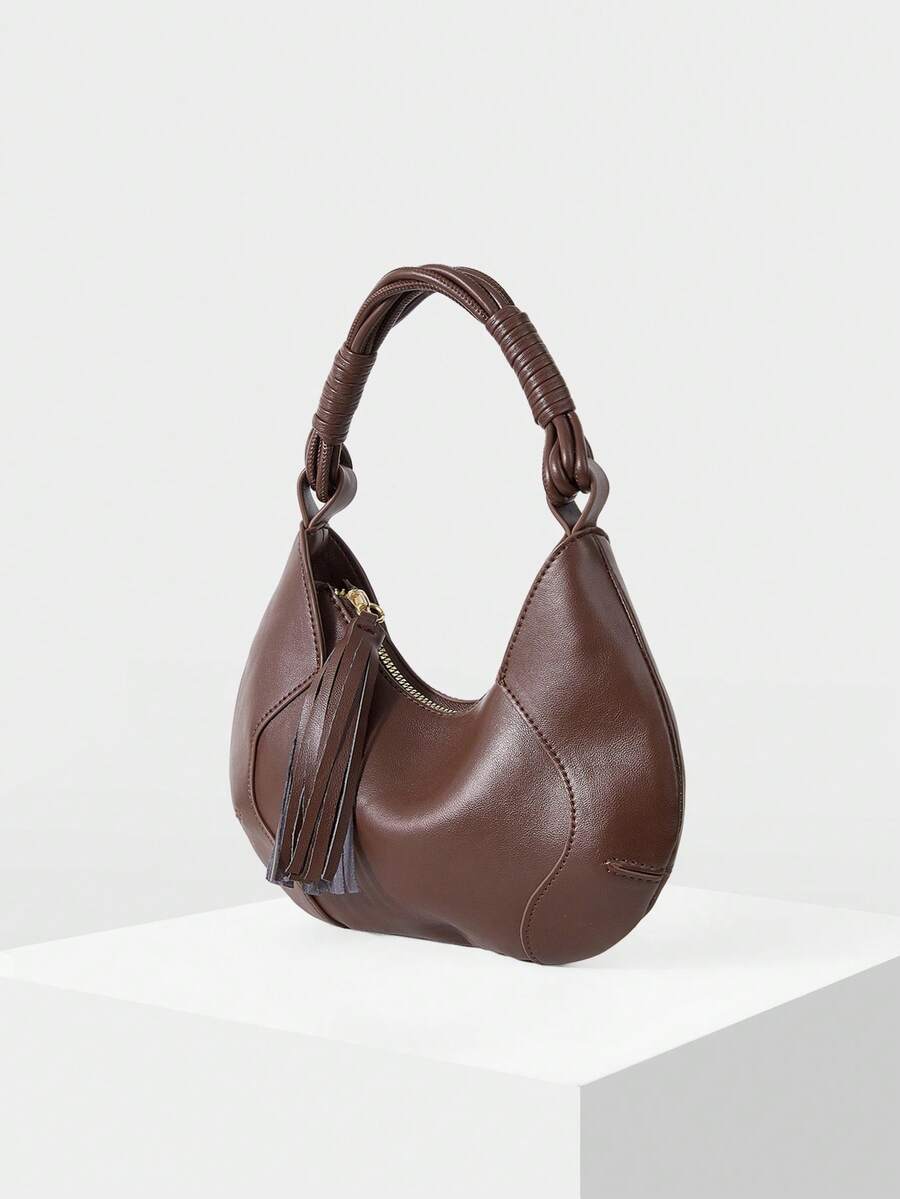 MOTF WOMEN'S FASHION BURGUNDY HANDBAG, EXQUISITE TASSEL, SIMPLE ROUND BAG, CROSSBODY, FOR DAILY, SHOPPING, COMMUTING, TRAVEL - Coffee - View 2
