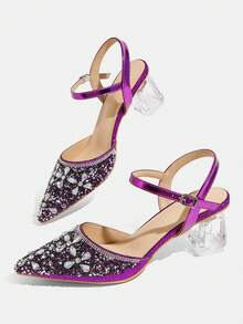 CUCCOO TILAWA Ladies' Fashionable And Elegant Pointed Crystal Heel, Rhinestone Pointed Laser Lace, Women's High-Heeled Shoes, Suitable For Banquets, Parties Fall Shoes - Purple - View 7