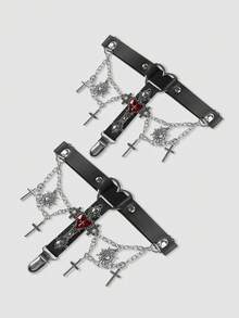 MortiRose 2pcs Heart & Cross Double Chain Garter Clips, Punk Dark Gothic Style, Daily Versatile Halloween Costume Accessories - Love Cross - View 3