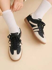 CUCCOO EASI Women's Flat Shoes Lace Up Casual Color Matching Go Out Wear Comfortable Board Shoes College Style Back To School Fall Shoes - Black - View 5