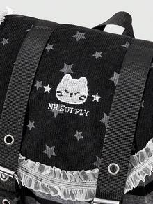 ROMWE Kawaii 1Pc Y2K Vintage Striped Plaid Backpack, Star‑Print Flap Shoulder Bag With Lace Ruffle Trim, Back‑To‑School & Travel Daypack - Black - View 3