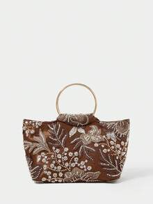 SHECARRY Ladies Fashionable Elegant Exquisite Classic Dark Coffee Beaded Sequins Floral Pattern Handheld Dinner Bag, Party Dating Banquet Wedding Ball Club - Coffee - View 1