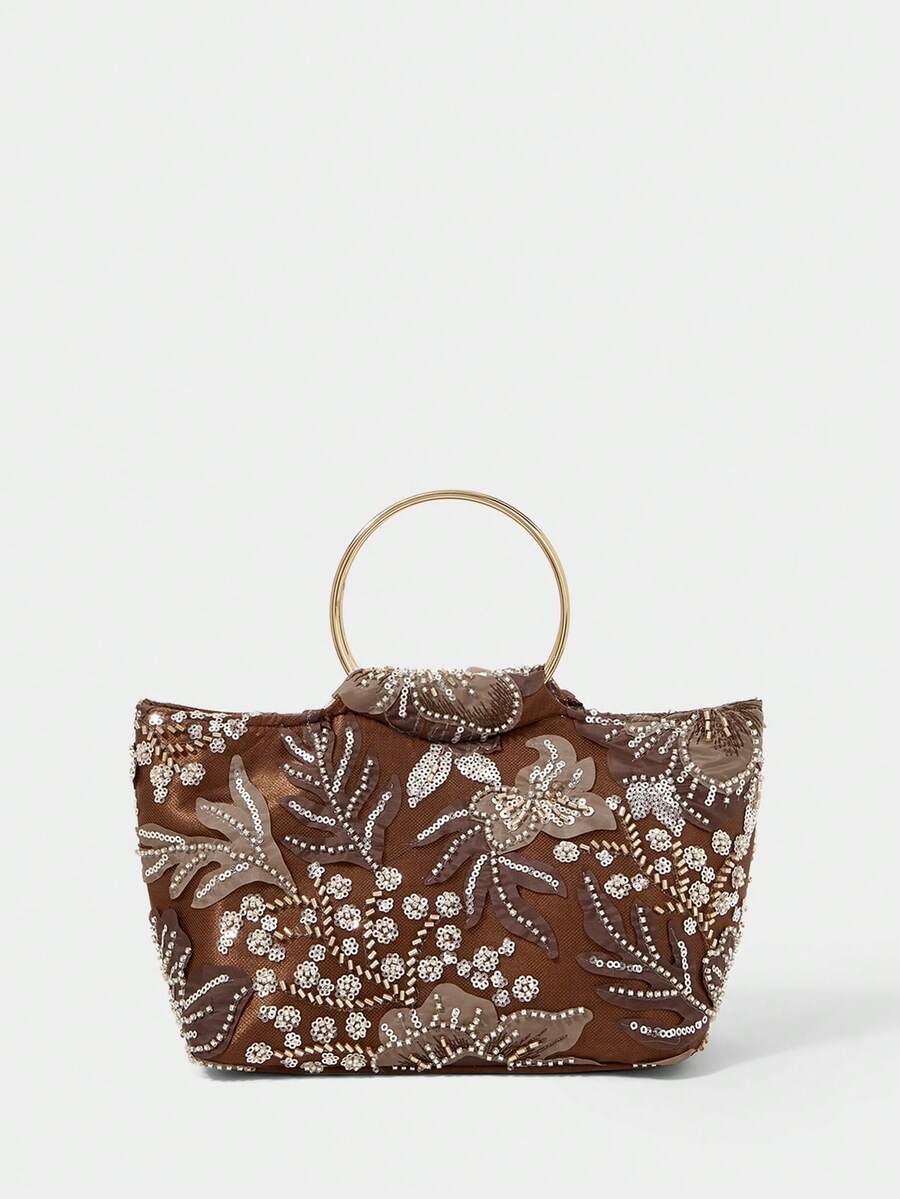 SHECARRY Ladies Fashionable Elegant Exquisite Classic Dark Coffee Beaded Sequins Floral Pattern Handheld Dinner Bag, Party Dating Banquet Wedding Ball Club - Coffee - View 1