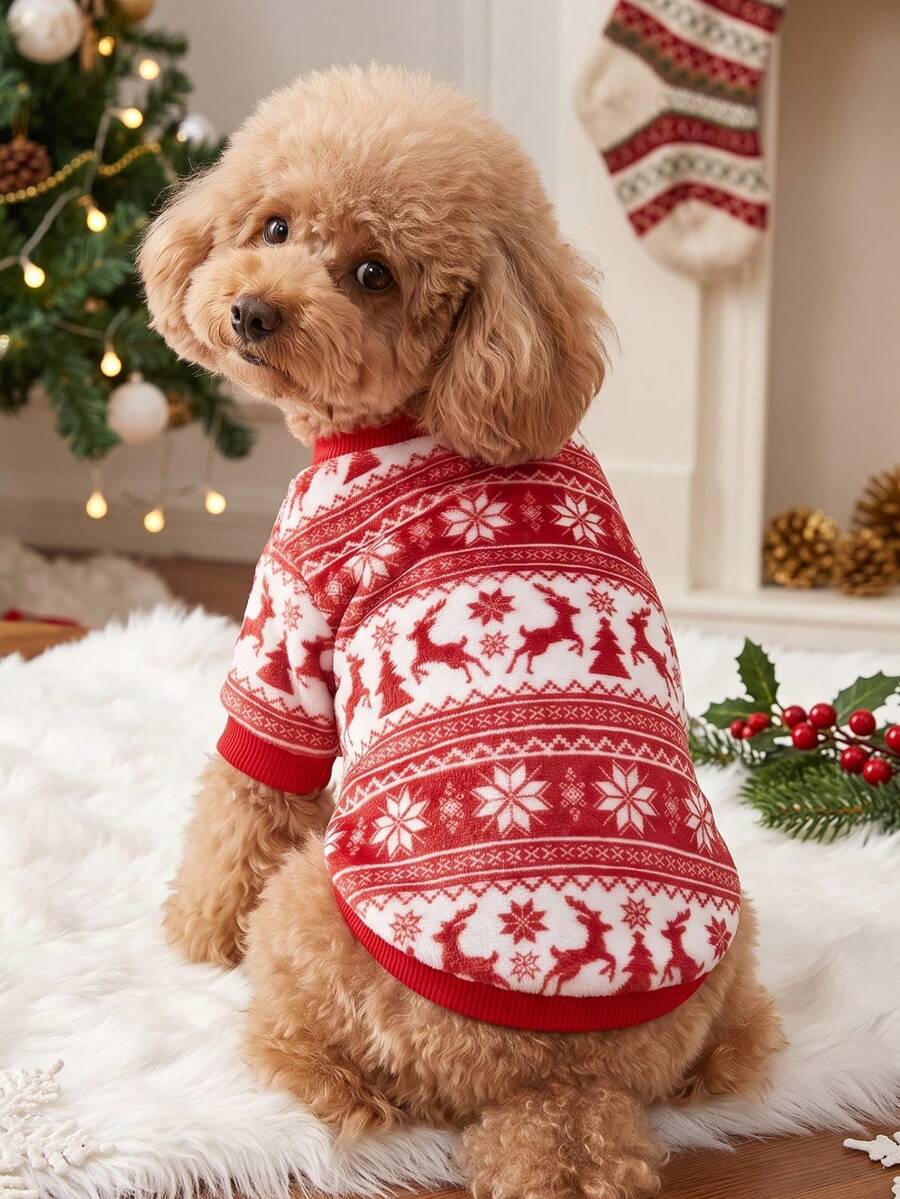 PETSIN 1 Pet Christmas Cat Dog Universal Red And White Striped Reindeer Geometric Snowflake Fel Island Pattern Print Plush Warm And Comfortable Dog Christmas - Multicolor - View 1