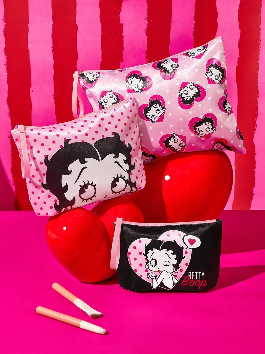 Betty Boop x SHEIN 1件/3件組 卡通圖案印花輕量聚酯纖維化妝包 - 淺粉黑 - 查看 1