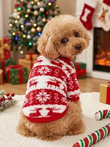 PETSIN 1 pieza Sudadera para mascotas con patrón de ciervo navideño & copos de nieve, franela - Multicolor - Ver 5