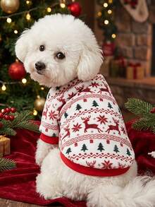 PETSIN 1 Pet Christmas Cat Dog Universal Red And Green Elk Snowflake Geometric Fer Island Pattern Print Plush Warm And Comfortable Dog Christmas - Multicolor - View 4