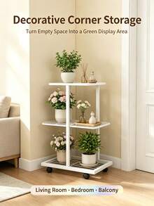 3-Tier Metal Flower Stand With Casters | Decorative Shelf, Storage Rack, Living Room/Balcony Flower Stand, Can Hold 4 Potted Plants - Multicolor - View 7