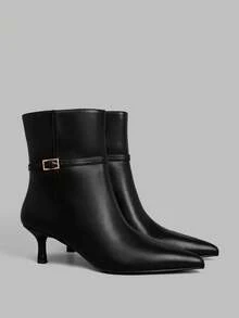 Ontre Pointed Kitten And Metal Buckle Autumn And Winter Versatile Soft Leather Low-Heeled Commuting Fashion Temperament Square Buckle Low-Heeled Short Boots - Black - View 1