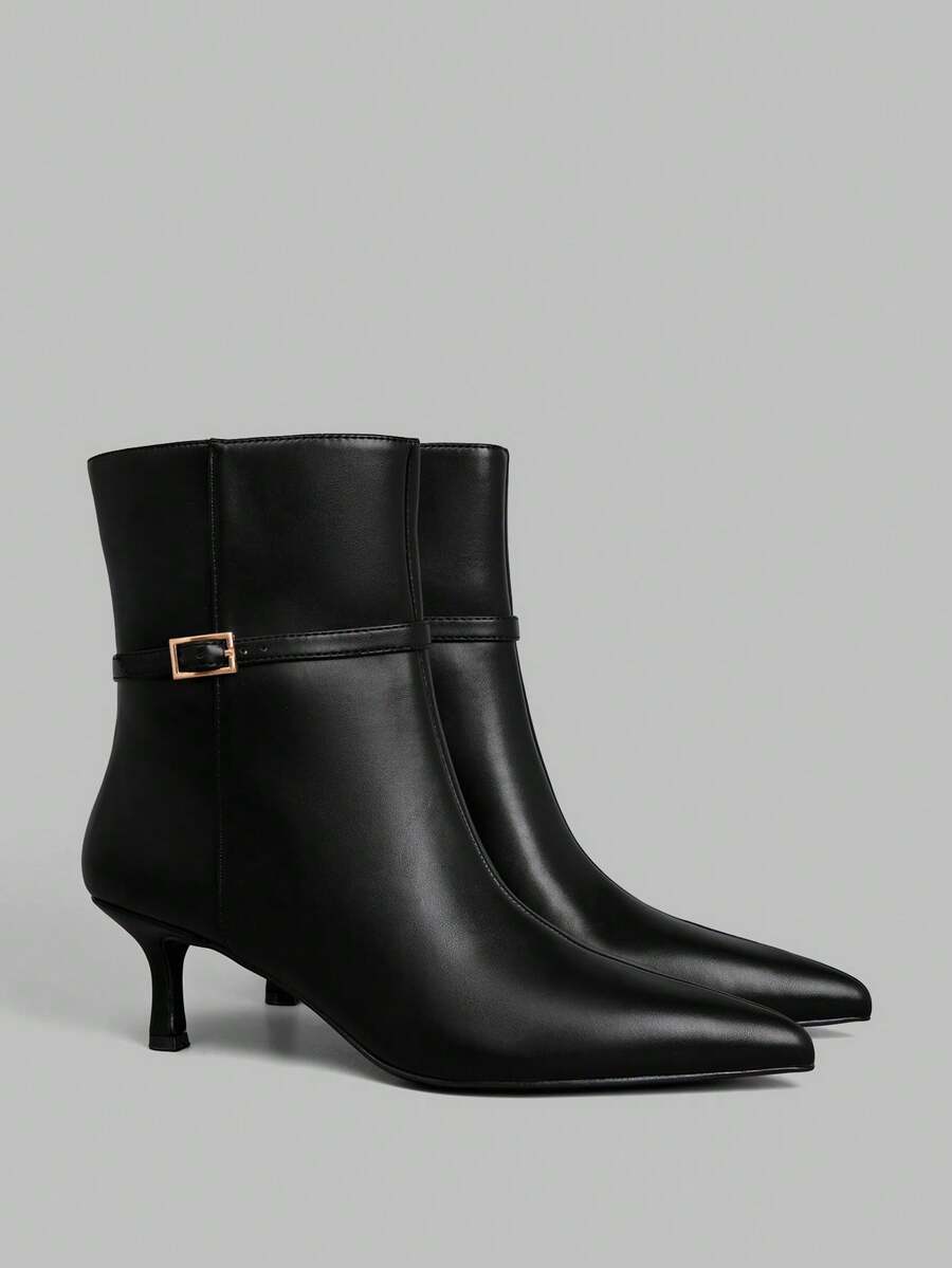 Ontre Pointed Kitten And Metal Buckle Autumn And Winter Versatile Soft Leather Low-Heeled Commuting Fashion Temperament Square Buckle Low-Heeled Short Boots - Black - View 1