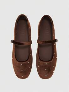 CUCCOO BIZCHIC Women's Dark Brown Soft Waxy Velvet Mary Jane Flats, The Founder Shoe Body Is Scattered With Small Rhinestones, With The Same Velvet Thin Strap And Fu - Coffee - View 1