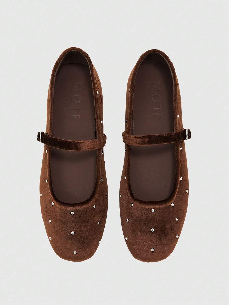 CUCCOO BIZCHIC Women's Dark Brown Soft Waxy Velvet Mary Jane Flats, The Founder Shoe Body Is Scattered With Small Rhinestones, With The Same Velvet Thin Strap And Fu - Coffee - View 1