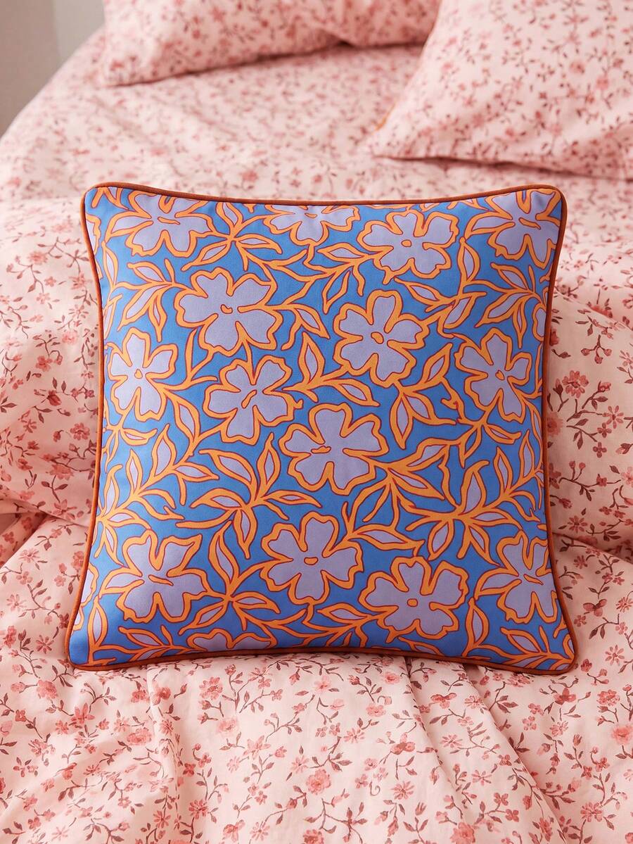 SHEIN 1件復古植物花卉波西米亞風雙面印花抱枕套,藍色底色橘色邊緣手繪花卉裝飾包邊靠墊套,適用沙發、客廳、臥室、民宿居家軟裝 - 彩色 - 查看 1